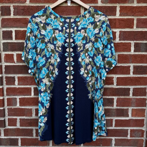JM Collections Oaklyn Ornate Print Top Womens 3X Navy Turquoise Floral Silky - Picture 3 of 9